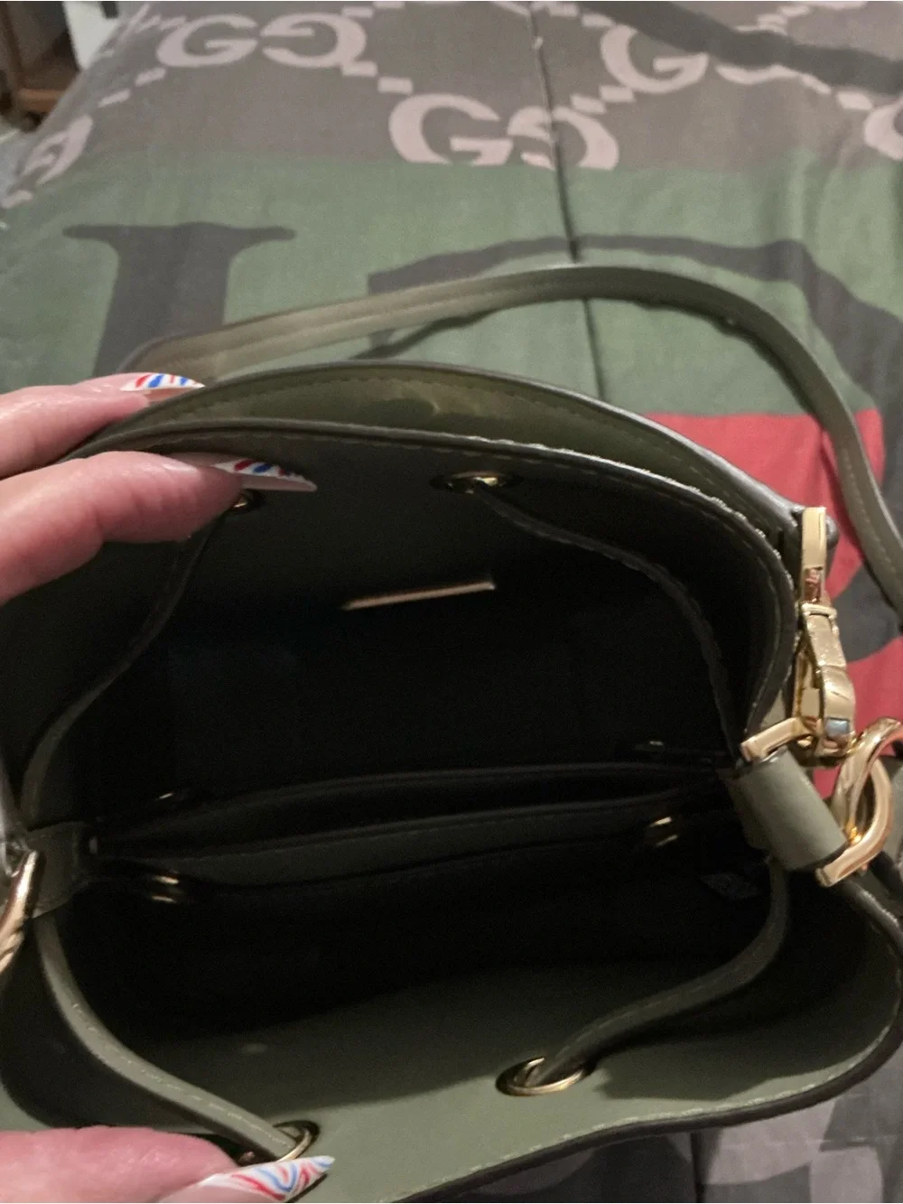 Michael Kors Olive Green Drawstring Bucket Crossbody Bag with Gold Hardware